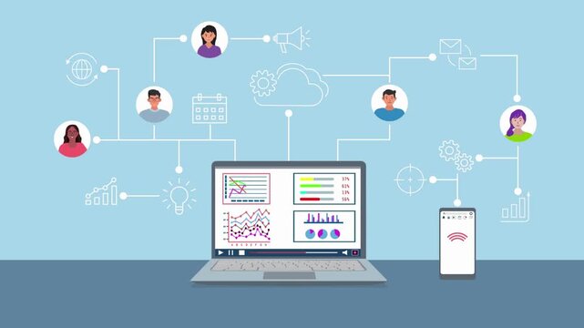 Business analytics dashboard with cloud connectivity and remote team collaboration animation video.
