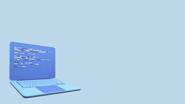 Minimalist 3d laptop writing code on pastel blue background with negative space in motion clip.