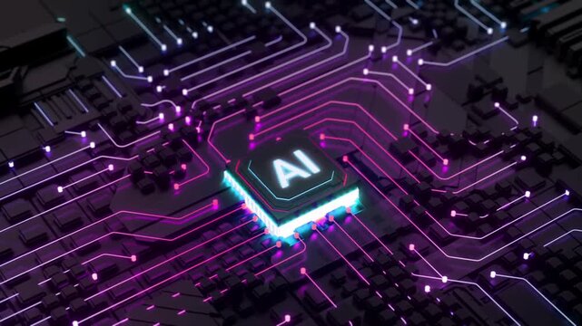 Artificial intelligence processor chip activating electronic circuit board digital technology motion.