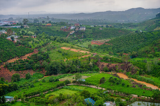 Rural landscape with farmland in Lam Dong Province