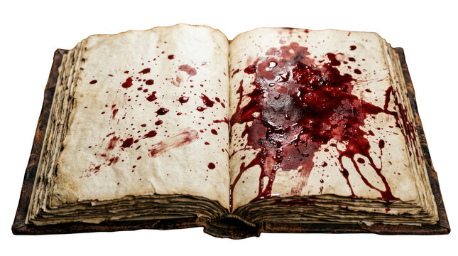 Open vintage book with blood stains on pages isolated on transparent background