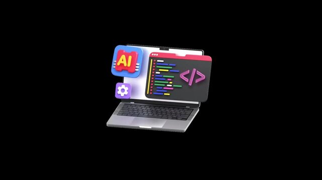 3D computer with floating software windows and coding interfaces on a black background loop video.