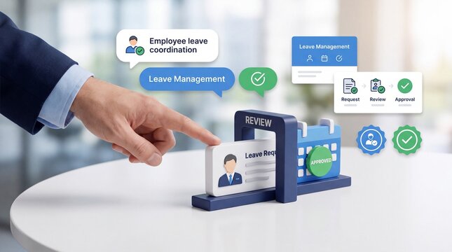 Business professional managing employee leave request workflow on a digital interface desk in office