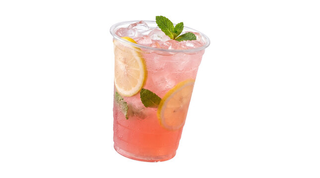 Refreshing pink mojito cocktail with fresh mint leaves and lemon slices in clear plastic takeaway cup.