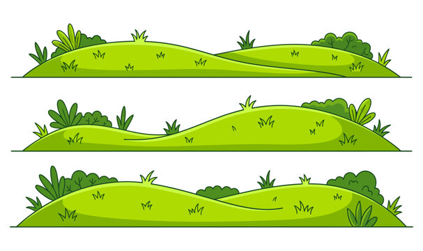 Green grass hills flat vector illustration set