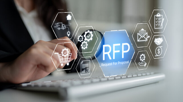 Business Professional Engaging in Digital RFP Process with Technology Graphics for Proposal Management and Workflow Optimization. Bitwise.