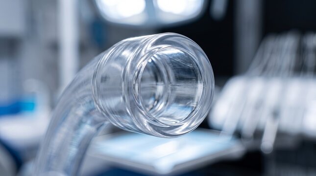 Closeup of transparent saliva ejector tip tubing on dental chair with cool clinical lighting