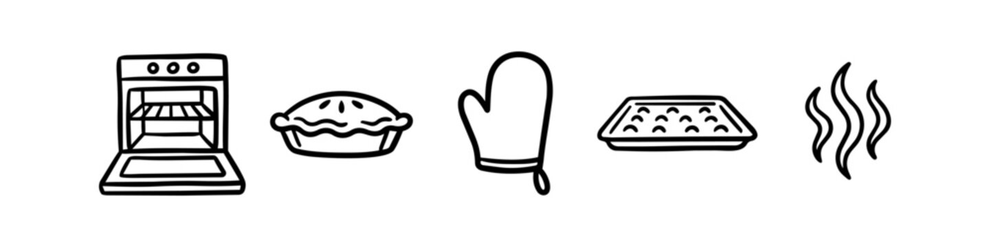 Hand drawn baking doodle icon set featuring an open oven, baked pie, oven mitt, cookie baking sheet, and rising aroma steam. Vector outline illustration.