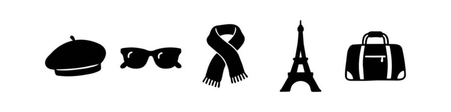 Set of black travel and French fashion icons featuring a beret, sunglasses, scarf, Eiffel Tower, and luggage bag on a white background.