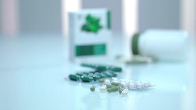 Alternative medicine. Herbal supplements and fresh leaves in a mortar for natural medicine. Organic wellness ingredients crushed for holistic health remedies. Homeopathic medicine pills