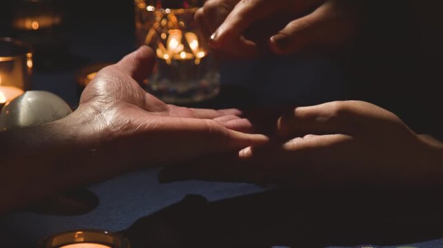 Close Up Of Woman Reading Man Palm On Candlelit. Gypsy fortuneteller or esoteric Oracle reading hand lines in a young man. palm reading - Fortune and future teller - Palmistry fortune teller read line