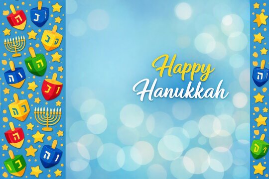 Happy hanukkah blue bokeh background with colorful dreidel and menorah border for greeting card banner and invitation design