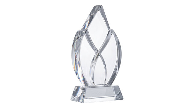 Elegant glass award trophy on transparent background for celebrating business corporate achievement.
