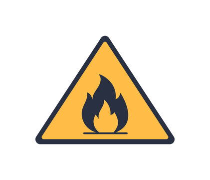 Flammable material warning sign, vector illustration. Yellow triangles with black border and black flame symbol inside