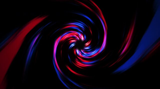 Abstract red and blue light streaks swirling in a dynamic twirl motion on a black background creating a futuristic vortex effect for cinematic backgrounds and digital motion graphics