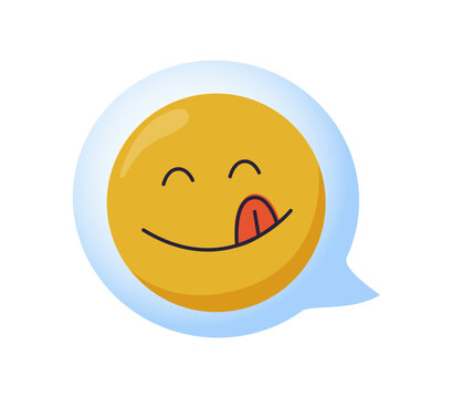 Yummy smile emoticon with tongue lick mouth, vector illustration. Tasty food eating emoji face, cute yellow character
