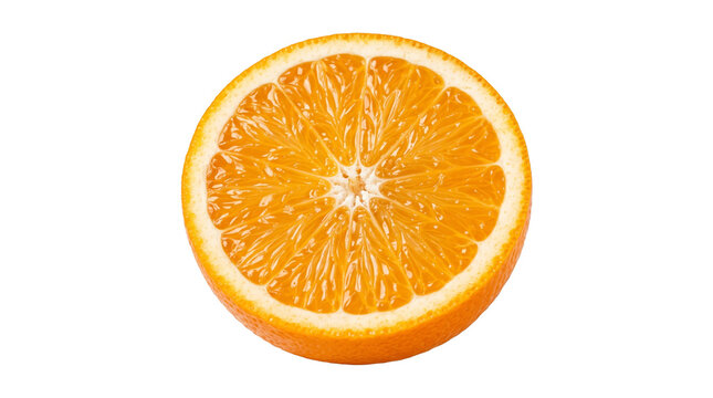 Fresh sliced orange fruit half cut for healthy food and juice preparation, isolated on transparent background png.