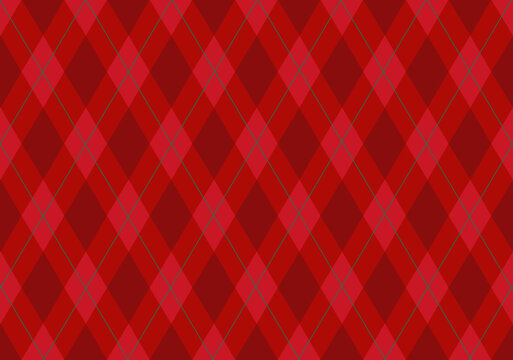 Christmas rhombus seamless pattern, Xmas red plaid texture with gold line and stars. Argyle geometric diamond pattern