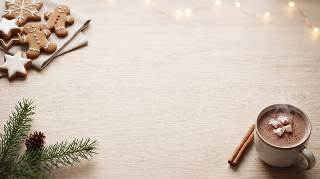 Christmas food background with hot chocolate, gingerbread cookies, cinnamon and festive decorations with copy space