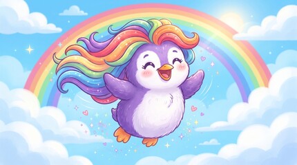 Obraz premium Cartoon penguin with rainbow mane flying joyfully under rainbow arch in fluffy cloud sky with vibrant colors