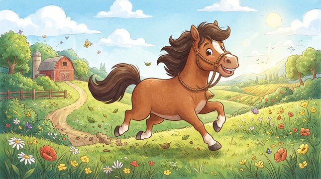 Cartoon brown horse running through vibrant meadow with copy space for branding