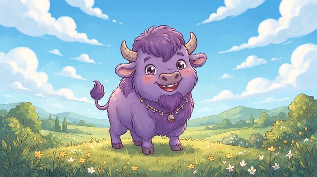 Cartoon purple cow standing in grassy meadow with yellow flowers under blue sky