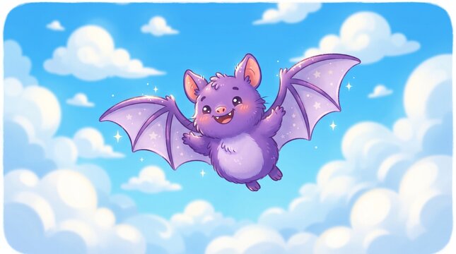 Cartoon purple bat flying through fluffy white clouds in bright blue sky with clean background