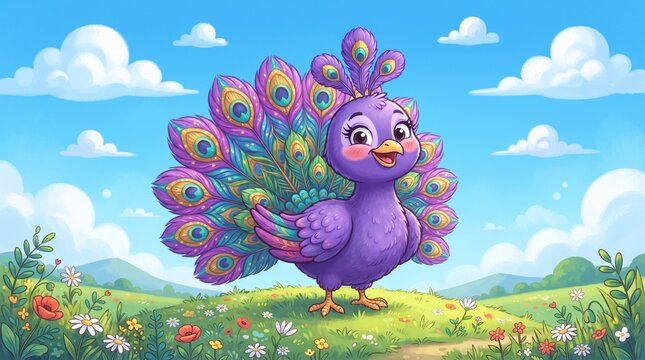 Cartoon peacock with vibrant purple and pink feathers standing in a lush green meadow with wildflowers