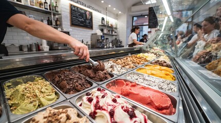 Obraz premium italian gelato shop, scoop gelato ice, gelato display case, artisanal ice cream, scoop chocolate gelato, colorful gelato flavors, dessert shop counter, serving ice cream, gelato glass display