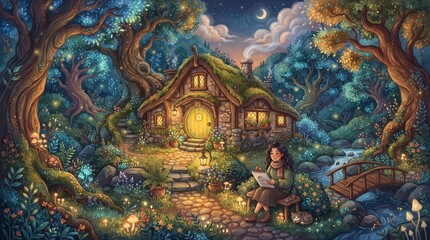 Fototapeta premium Illustrated fantasy artist painting in enchanted forest cottage with glowing lanterns and magical atmosphere