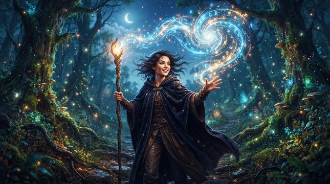 Mystical woman holding torches in enchanted forest with glowing magical effects and fantasy lighting