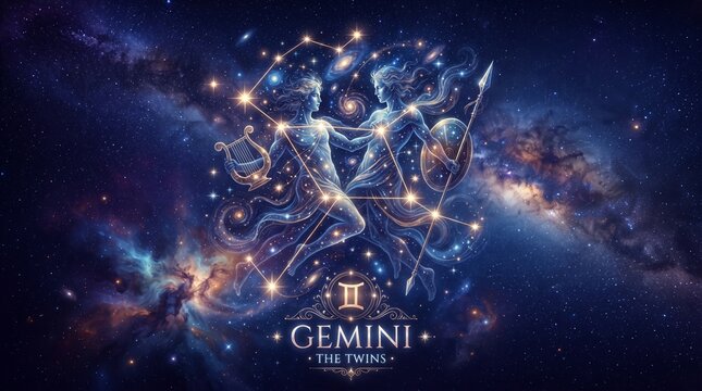 Gemini astrological symbol with cosmic background and starry nebula design for branding and logo concepts