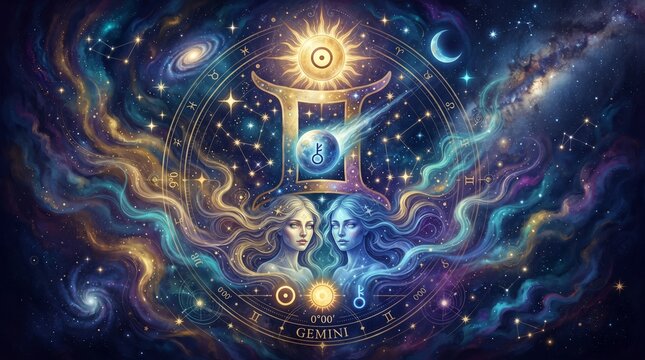 Mystical cosmic figure with celestial symbols floating in space-themed digital illustration for fantasy branding