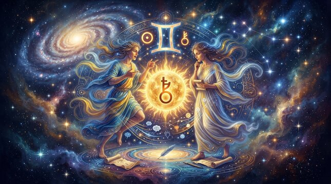 Astrologer analyzing celestial chart with gemstone tools in cosmic space setting