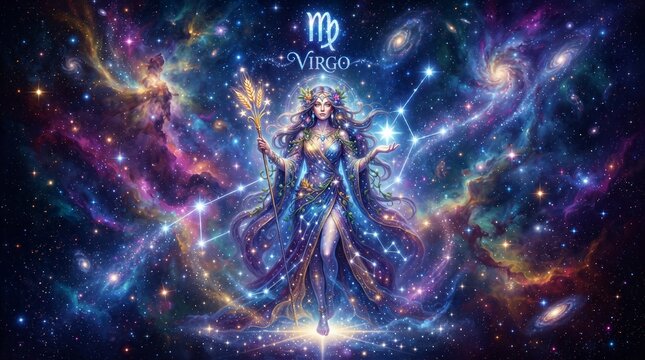 Fantasy warrior with glowing sword standing in cosmic space with celestial elements