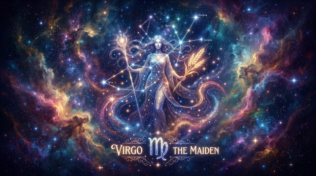 Astrological virgo symbol with maiden constellation illustration in cosmic space background