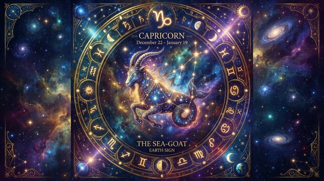 Astrological zodiac chart with celestial elements and tarot symbols in cosmic space background