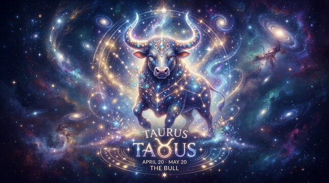 Taurus zodiac bull illustration with cosmic background for astrology branding and zodiac sign merchandise