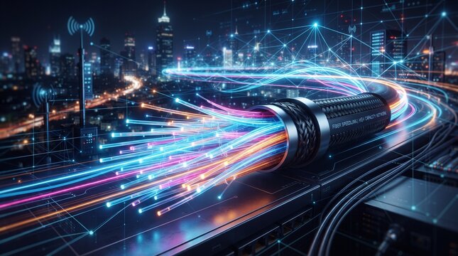 High-speed electric train with dynamic light trails traveling through futuristic urban infrastructure at night