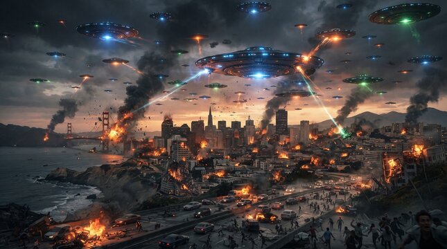Futuristic city under alien invasion with fiery explosions and cosmic debris during nighttime