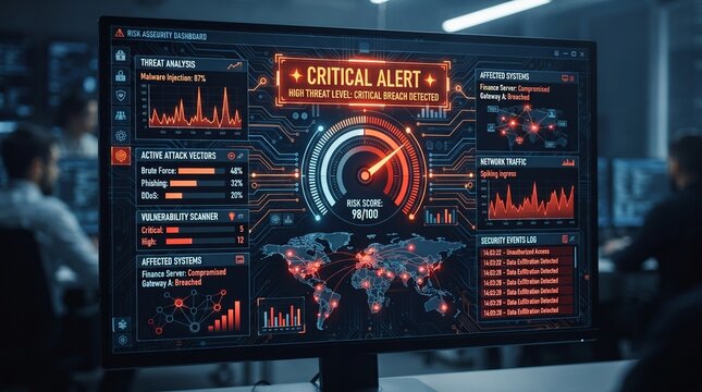 Cybersecurity professional monitoring critical alert dashboard in high-tech command center with data analytics display