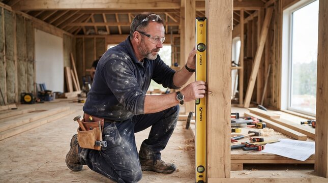Professional carpenter measuring wooden beams in unfinished home interior with level tool