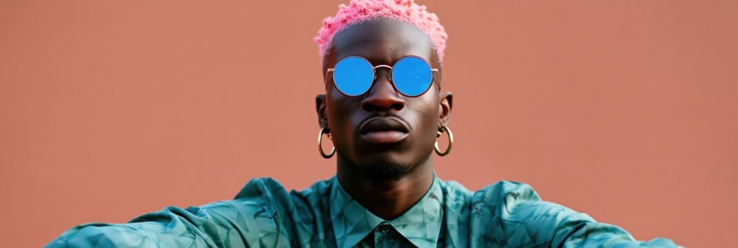 Horizontal portrait banner of a man with pink hair and blue mirrored sunglasses for social media header and fashionable background design