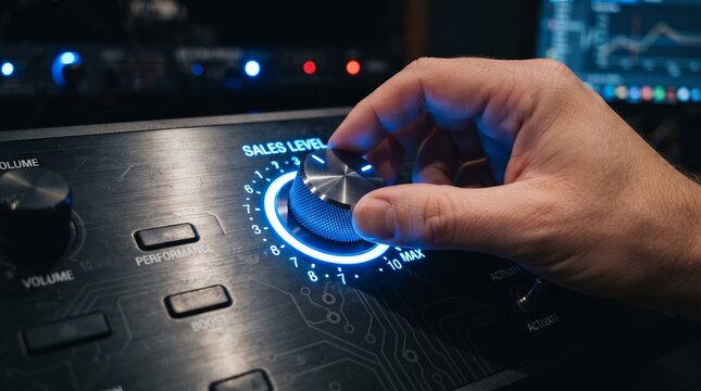 Professional using touchscreen control panel with illuminated interface in tech workspace