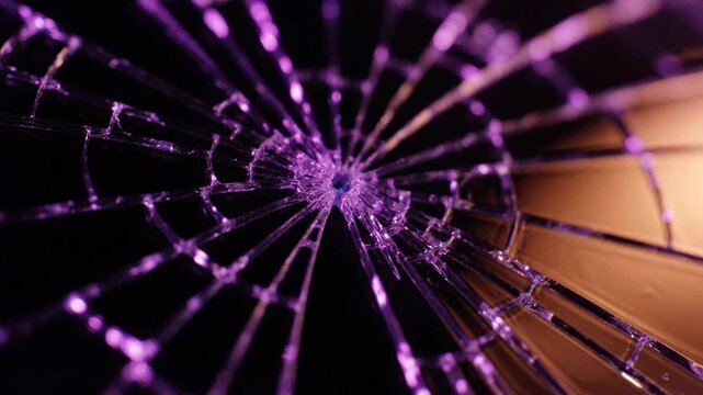 Shattered glass screen with a glowing blue impact center. Macro close-up of cracked display reflecting purple and orange light. Broken technology concept