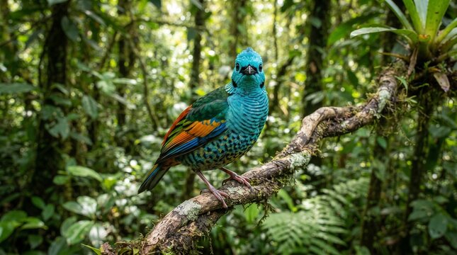 Vibrant quetzal bird with turquoise and orange plumage perched on branch in rainforest