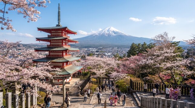 Japanese red pagoda with Mount Fuji and cherry blossom in spring