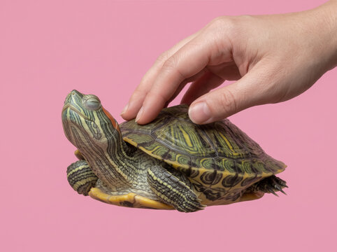 Hand touching turtle on pink studio background