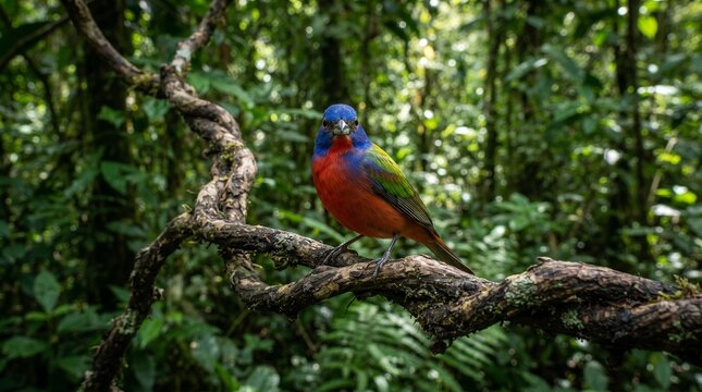 Painted bunting bird with colorful plumage perched on branch in forest