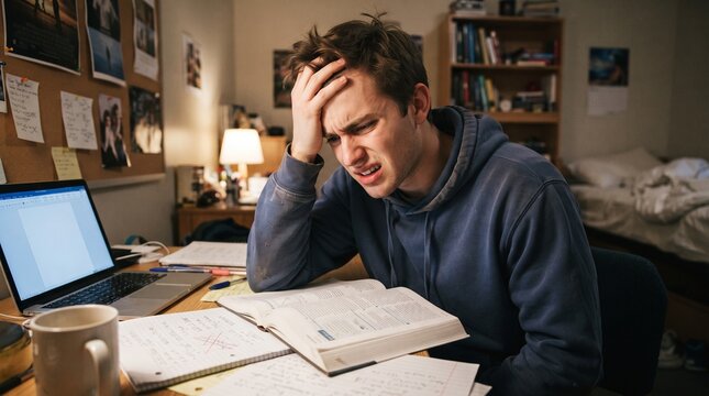 Stressed student studying late at night with books and laptop
